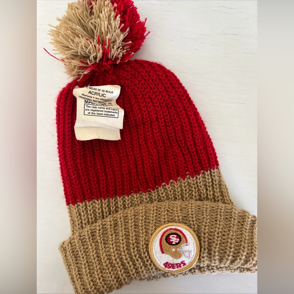 San Francisco 49ers Vintage Pom Pom Beanie Red Gold 70s 80s knitted made USA